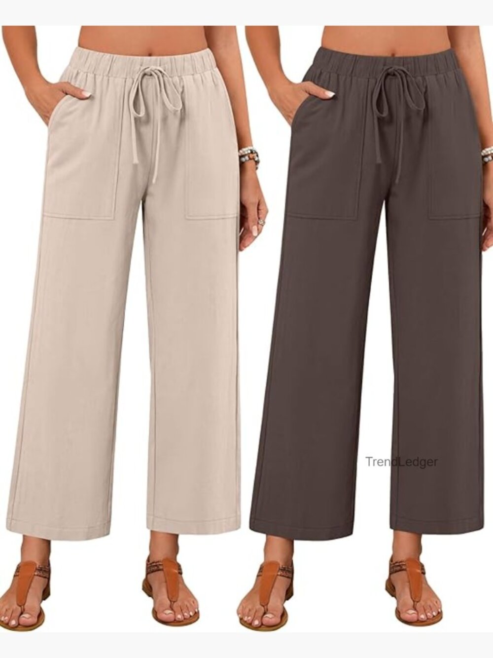 2 Pack Linen High Waist Wide Leg Palazzo Pants with Pockets